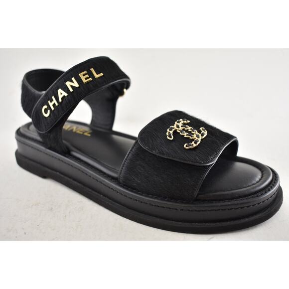 Chanel REV Black Caviar Gold CC Logo Mule Slide Strap Flat  Chanel 24B Black Calf Hair Gold CC Logo Mule Slide Strap Flat Teva Dad Sandal 41